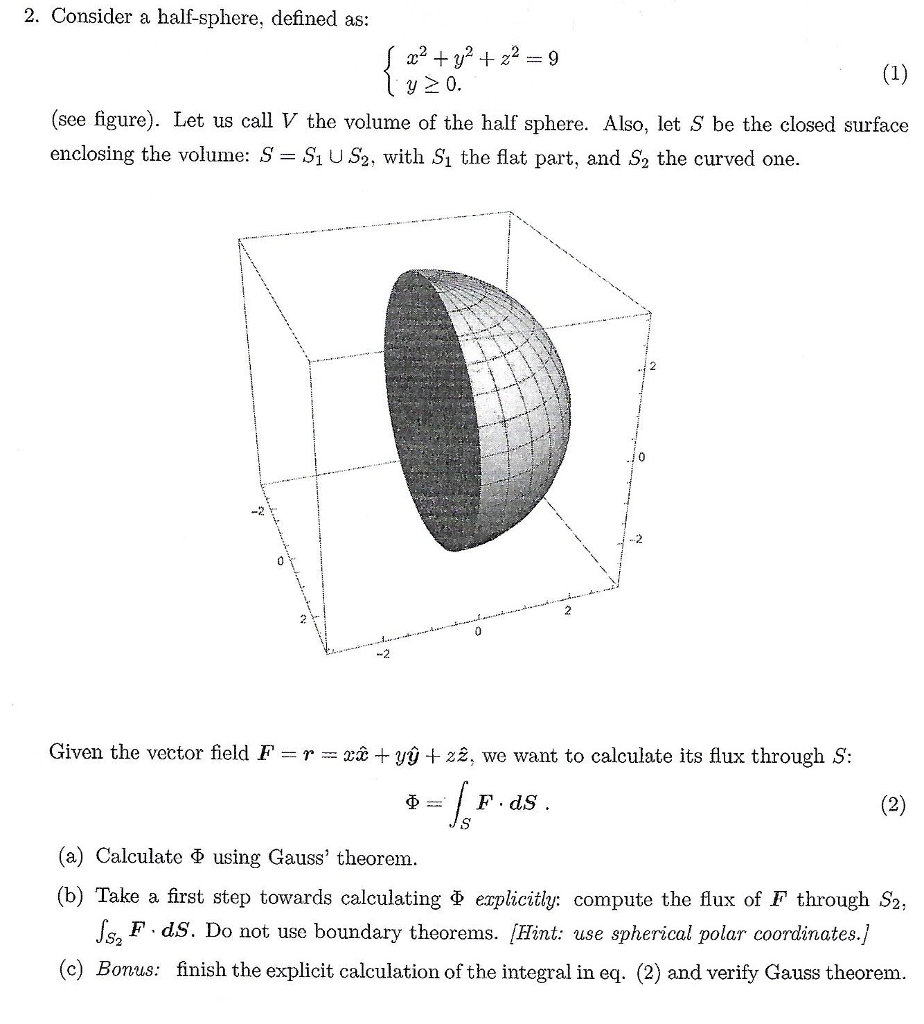 Solved 2. Consider a halfsphere, defined as y 2 0. (see