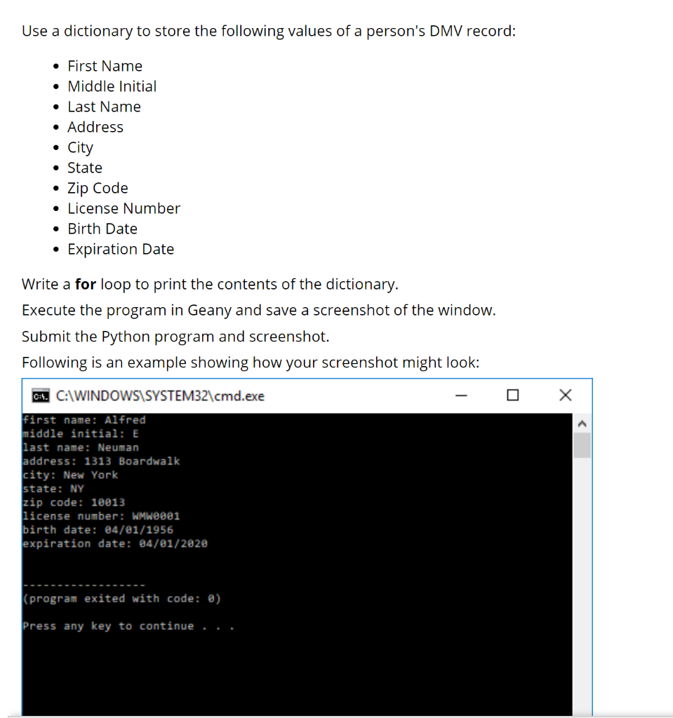 Solved Use a dictionary to store the following values of a | Chegg.com