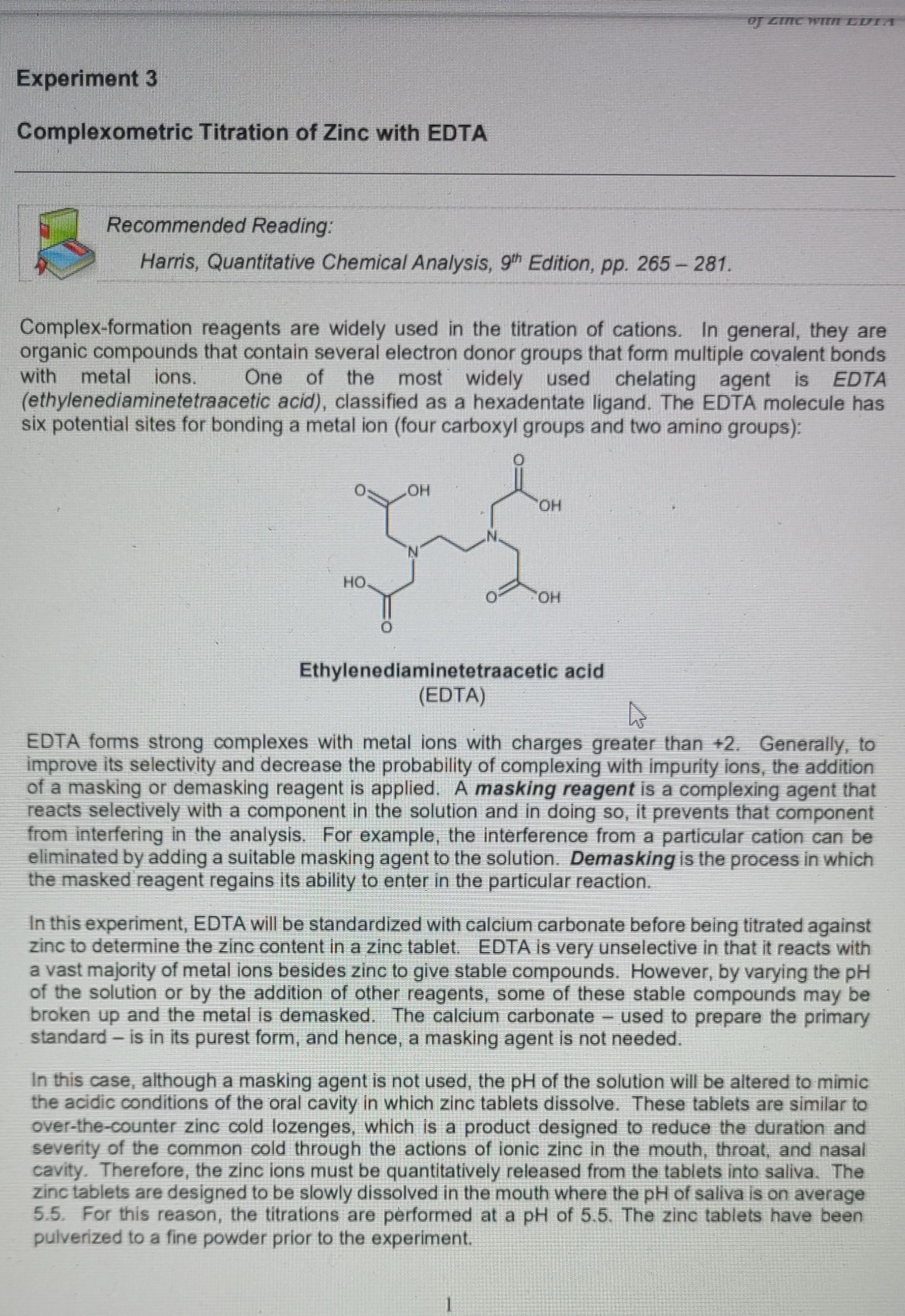 Solved Experiment 3 Complexometric Titration of Zinc with