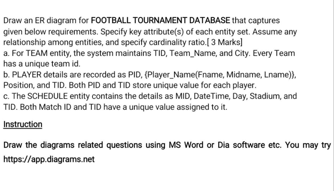 Solved Draw an ER diagram for FOOTBALL TOURNAMENT DATABASE