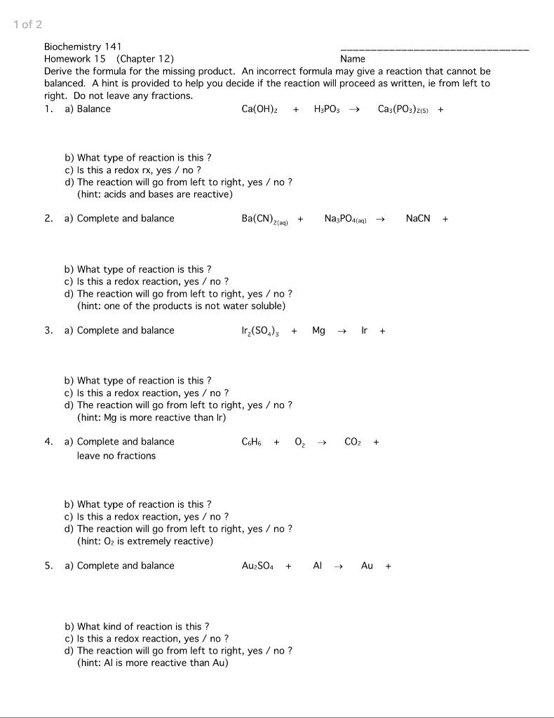 Solved Biochemistry 141 Homework 15 (Chapter 12) Name Derive | Chegg.com