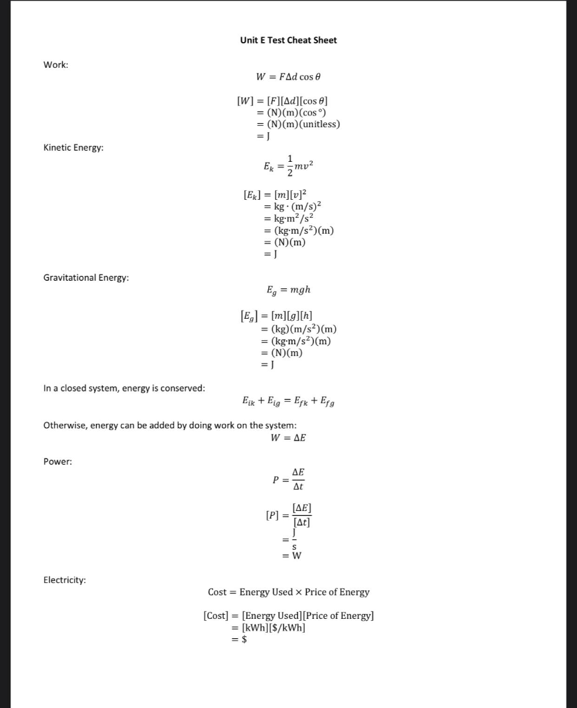 Solved Unit E Test Cheat Sheet Work W Fad Cos E W Chegg Com