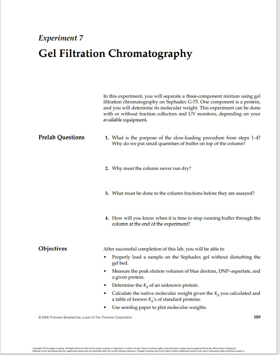Solved Experiment 7 Gel Filtration Chromatography In this | Chegg.com