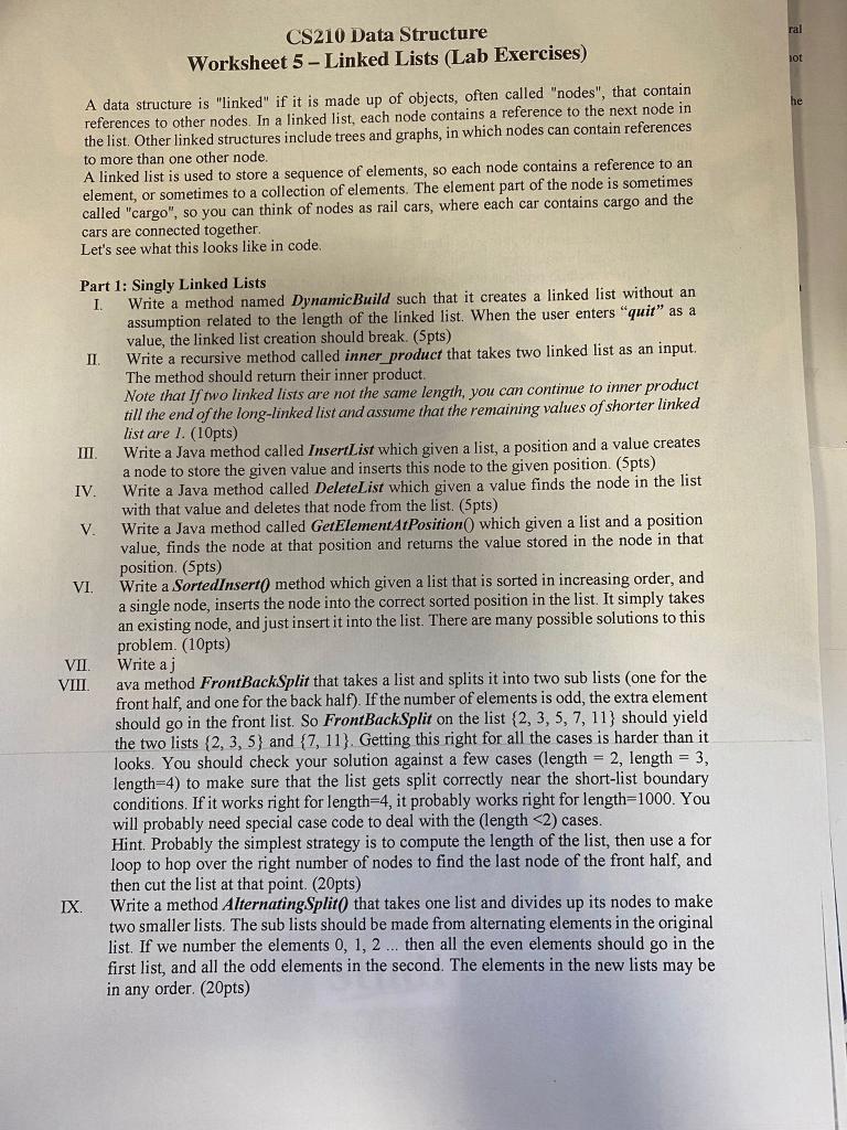 Solved Ral CS210 Data Structure Worksheet 5-Linked Lists | Chegg.com