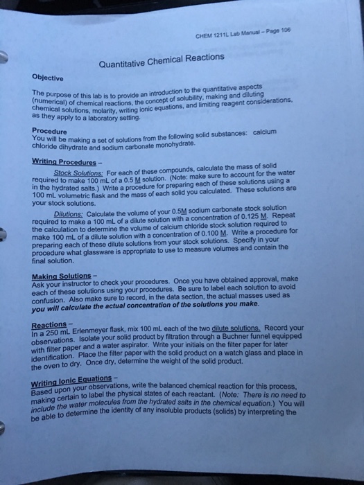 Solved CHEM 1211L Lab Manual Page 108 Quantitative Chemical