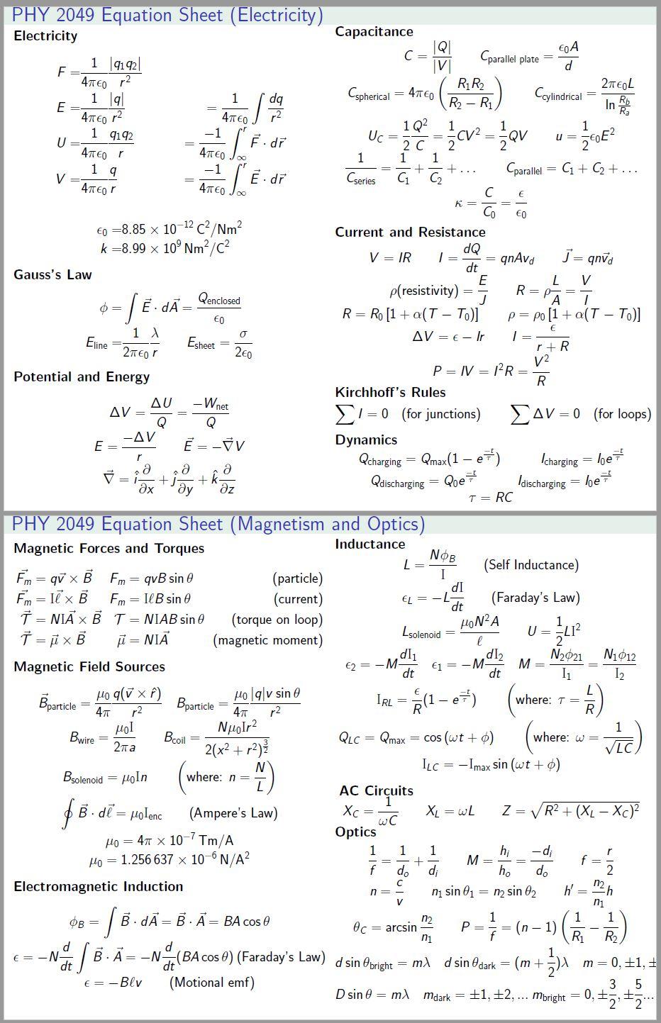 Solved Cparallel plate 4760 Joo PHY 2049 Equation Sheet | Chegg.com