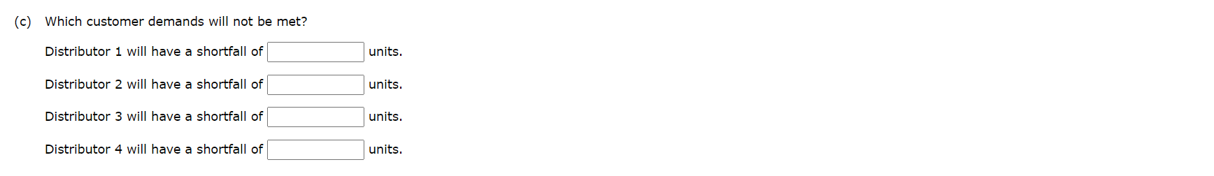 (c) Which customer demands will not be met?
Distributor 1 will have a shortfall of units.
Distributor 2 will have a shortfall
