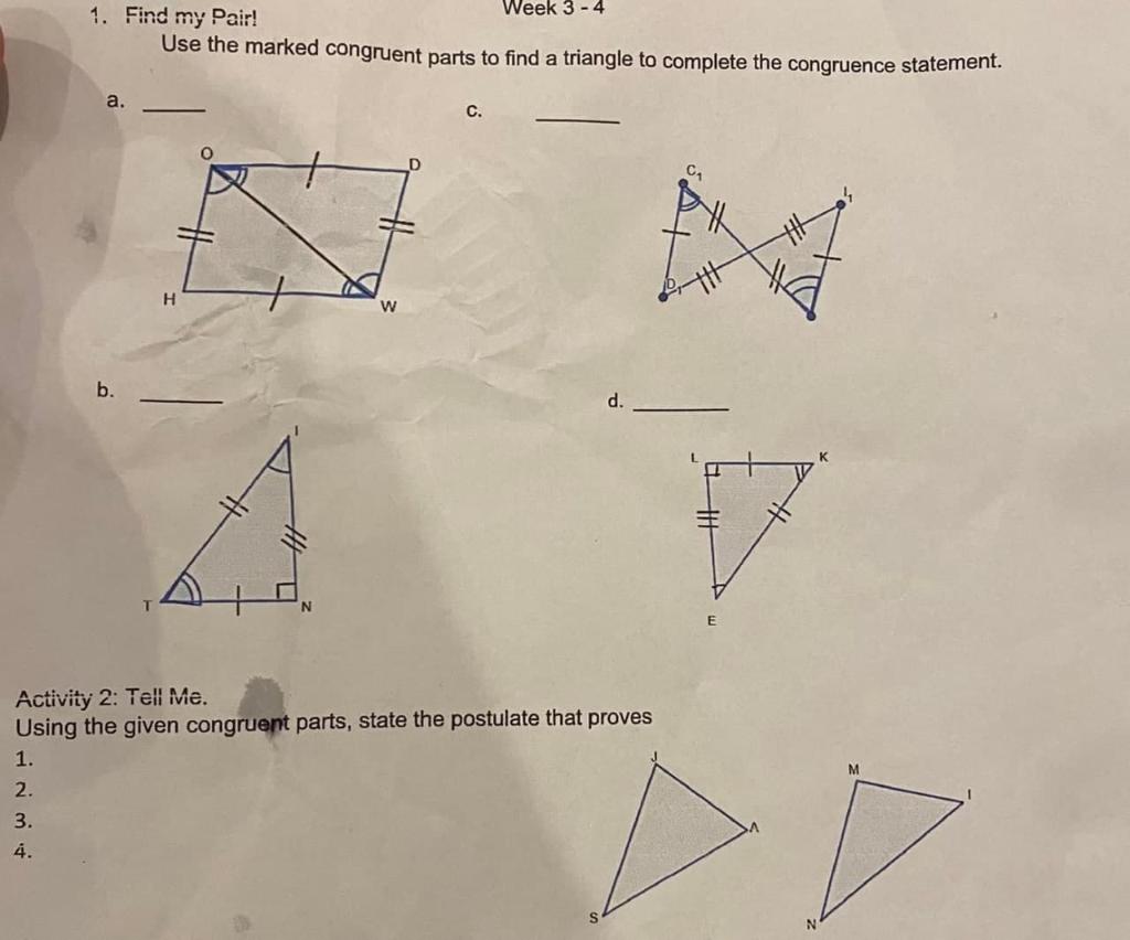 Solved Week 3-4 1. Find my Pair! Use the marked congruent | Chegg.com