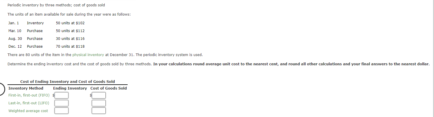Solved Periodic inventory by three methods; cost of goods | Chegg.com