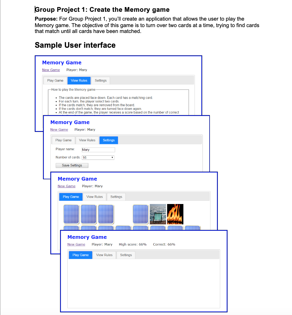 Solved Group Project 1: Create the Memory game Purpose: For | Chegg.com