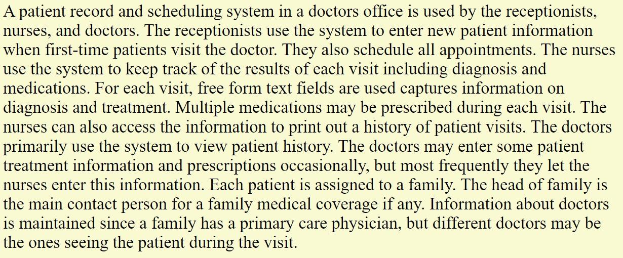 A patient record and scheduling system in a doctors office is used by the receptionists,
nurses, and doctors. The receptionis