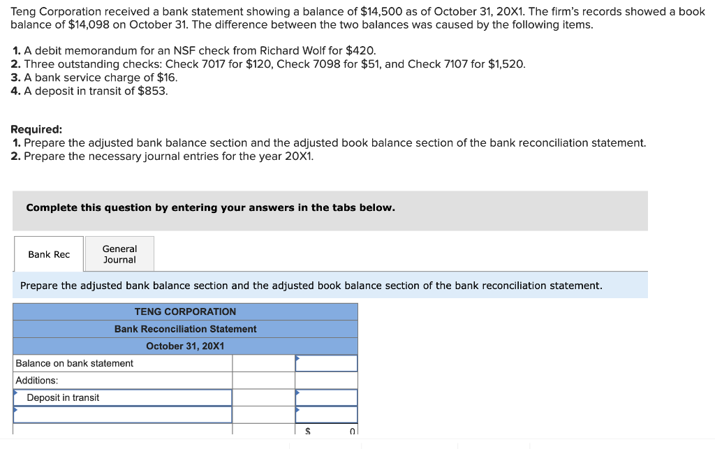 Solved Teng Corporation received a bank statement showing a | Chegg.com