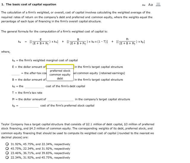 Solved 1. The basic cost of capital equation Aa Aa The | Chegg.com