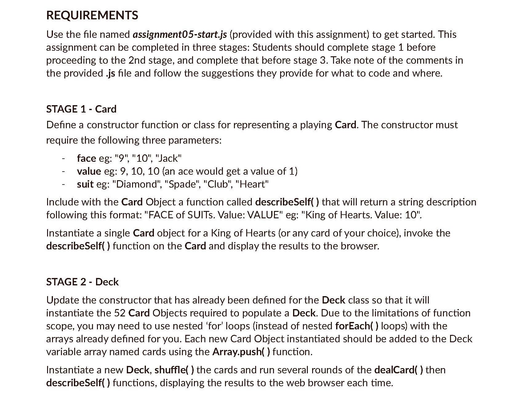 Solved REQUIREMENTS Use the file named assignment05-start.js | Chegg.com