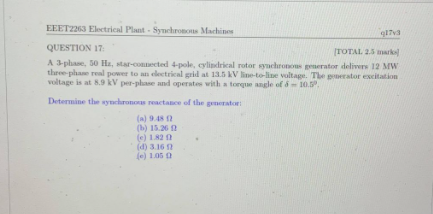 Solved EEET2263 Electrical Plant Synchroon Machines ITV | Chegg.com
