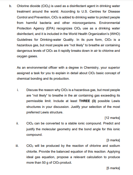 Solved b. Chlorine dioxide (CIO2) is used as a disinfectant | Chegg.com