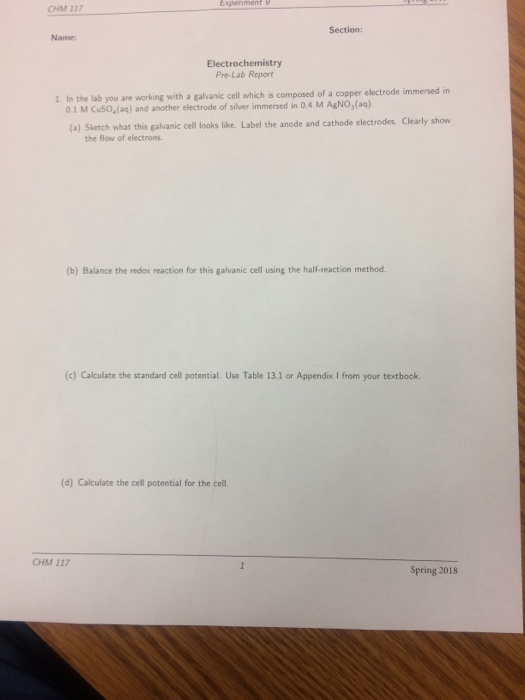Solved CHM 117 Section Name Electrochemistry PreLab
