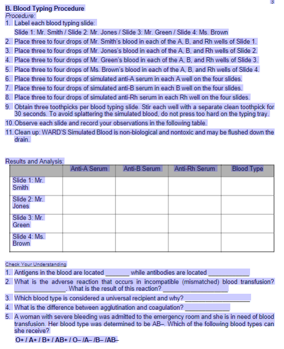 Solved B. Blood Typing Procedure Procedure: 1. Label Each | Chegg.com