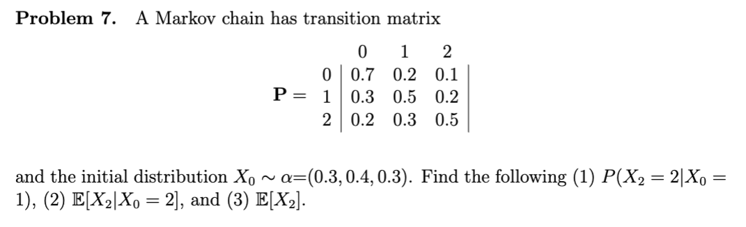Solved Problem 7. ﻿A Markov chain has transition matrixand | Chegg.com