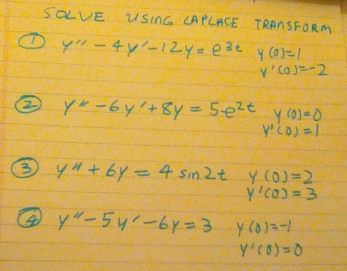 SOLVE USING LAPLACE TRANSFORM \( \begin{array}{ll}y^{\prime \prime}-4 y^{\prime}-12 y=e^{3 t} & y(0)=1 \\ & y^{\prime}(0)=-2\