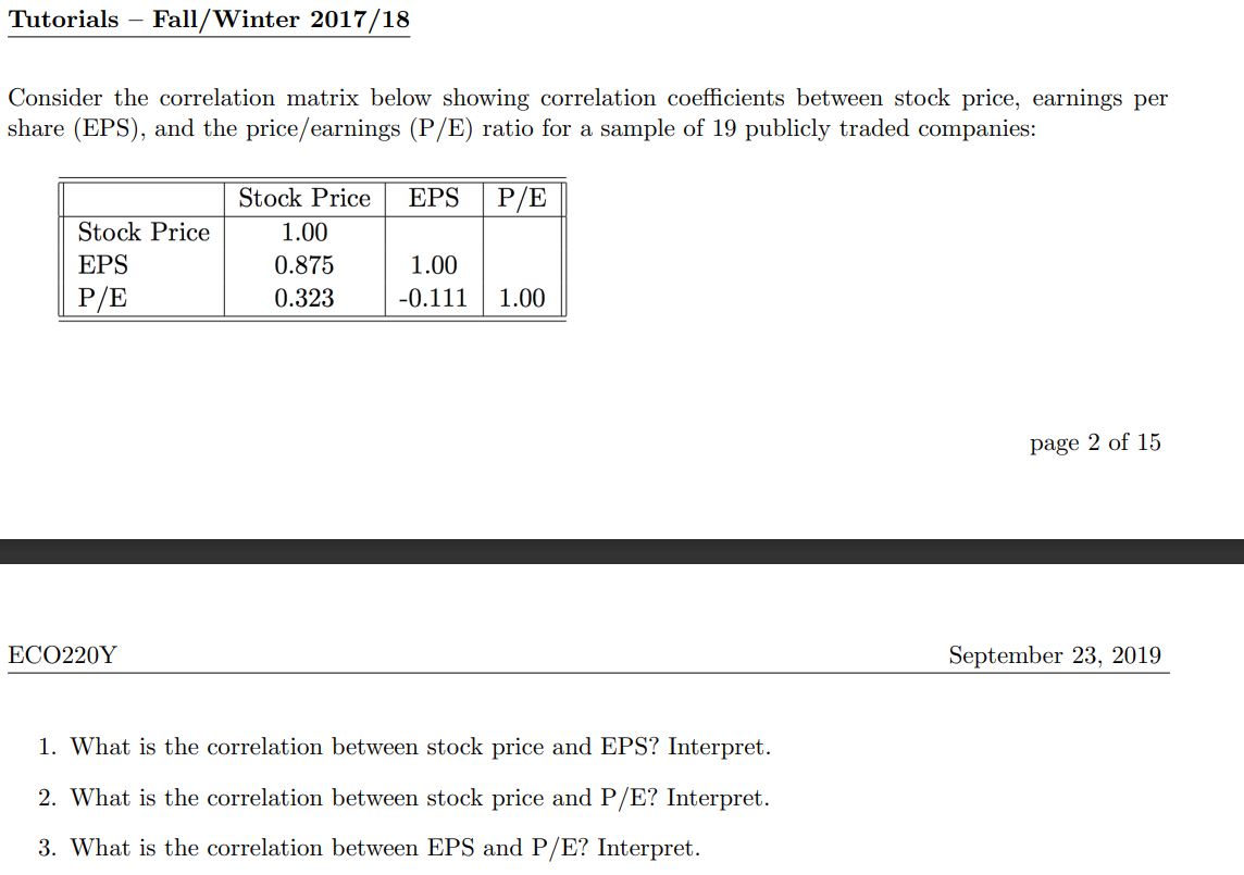 Solved Consider the correlation matrix below showing | Chegg.com