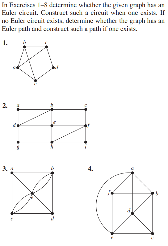 In Exercises \( 1-8 \) determine whether the given graph has an Euler circuit. Construct such a circuit when one exists. If n