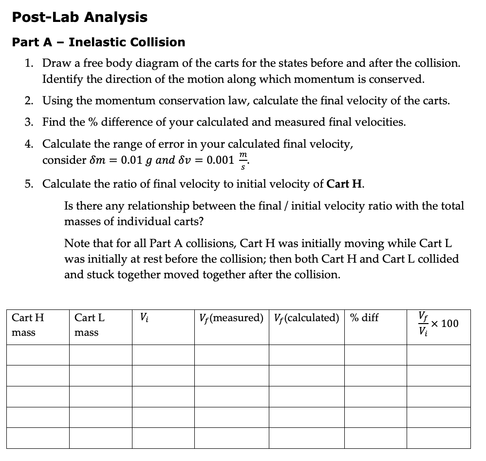 Solved PostLab Analysis Part A Inelastic Collision 1. Draw