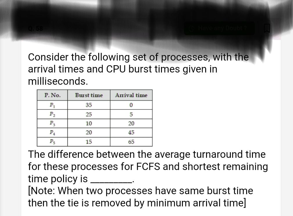 Solved 58 Consider The Following Set Of Processes, With The | Chegg.com