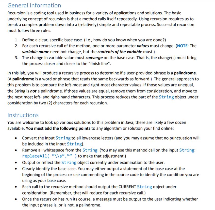 Solved General Information Recursion is a coding tool used | Chegg.com
