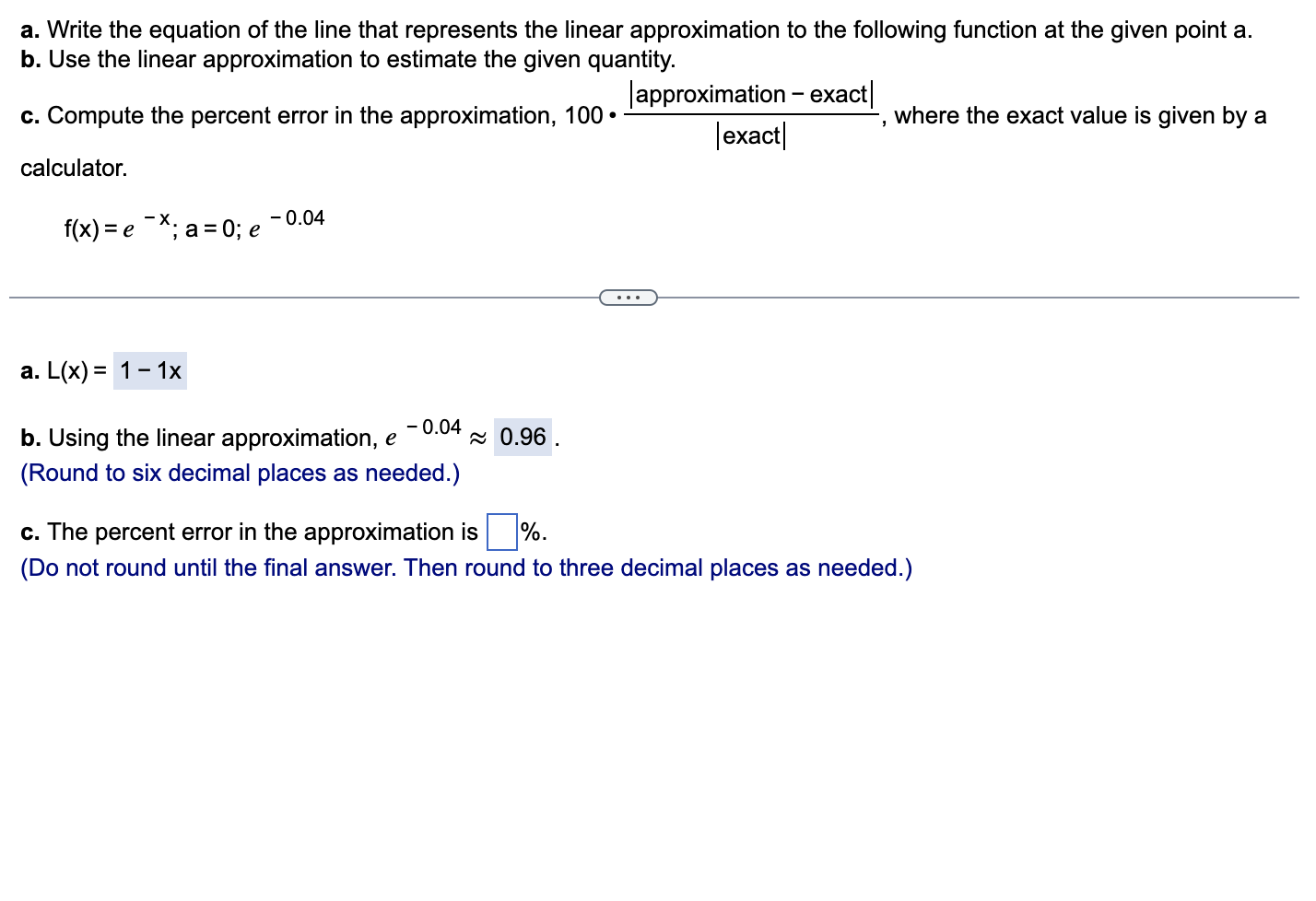 C. the percent error in the approximation is | Chegg.com