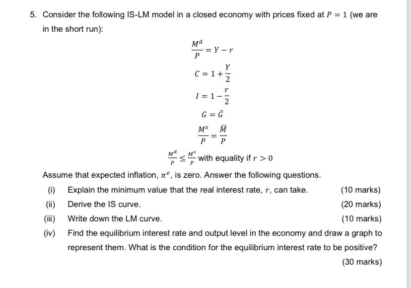 Solved 5. Consider the following IS-LM model in a closed | Chegg.com