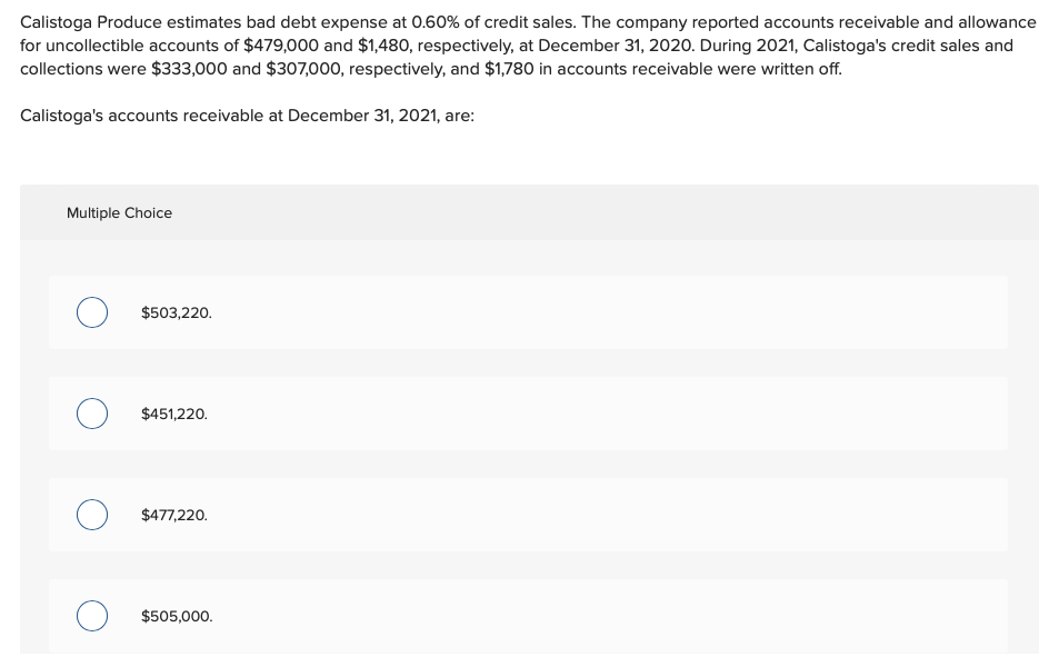 Solved Calistoga Produce estimates bad debt expense at 0.60% | Chegg.com