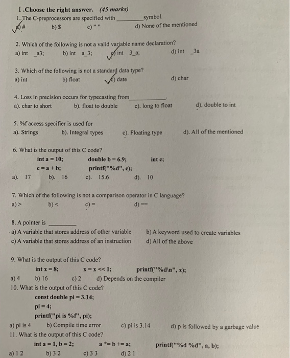 Solved I.Choose the right (45 marks) specified with answer.