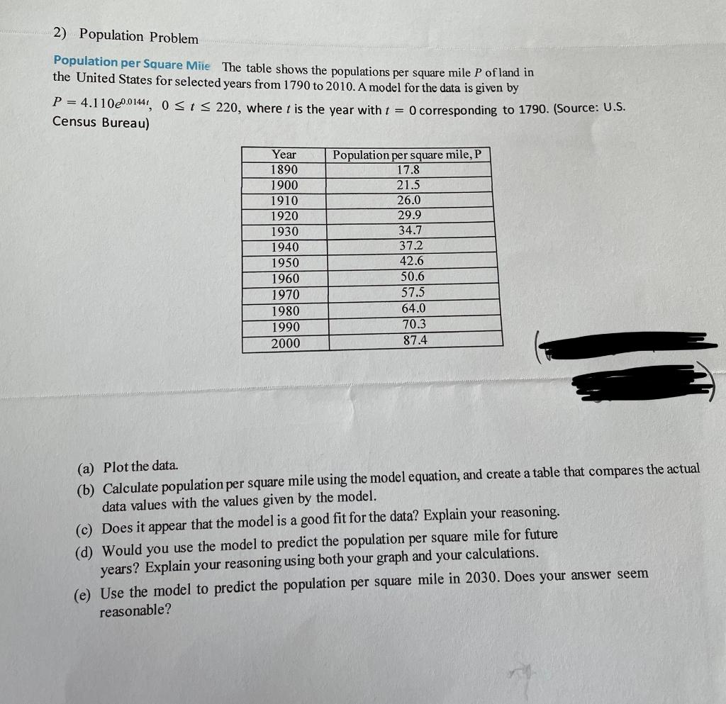 Solved 2) Population Problem Population per Square Mile The