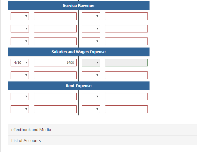 Service revenue salaries and wages expense 4/10 1900 rent expense e textbook and media list of accounts