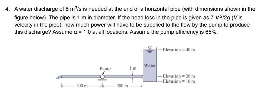 Solved 4. A water discharge of 8 m3/s is needed at the end | Chegg.com