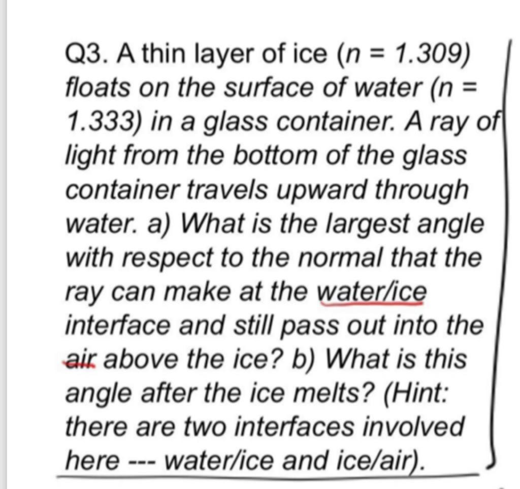 Solved Q3. A thin layer of ice (n = 1.309) floats on the | Chegg.com