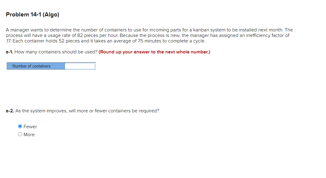 Solved A manager wants to determine the number of containers | Chegg.com