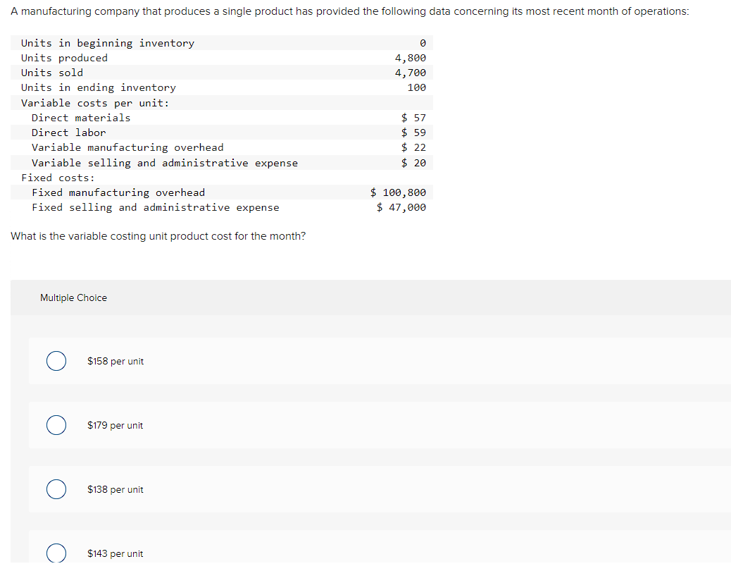 Solved What is the variable costing unit product cost for | Chegg.com