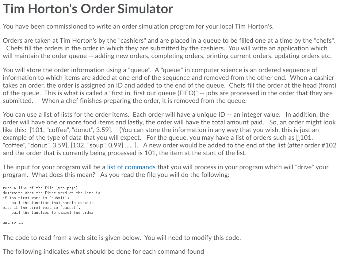 Tim Horton's Order Simulator You have been | Chegg.com