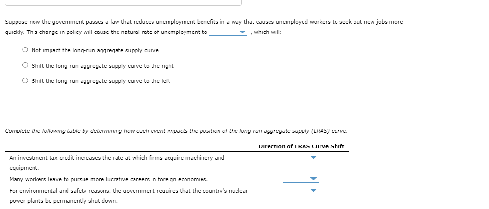 Suppose now the government passes a law that reduces unemployment benefits in a way that causes unemployed workers to seek ou