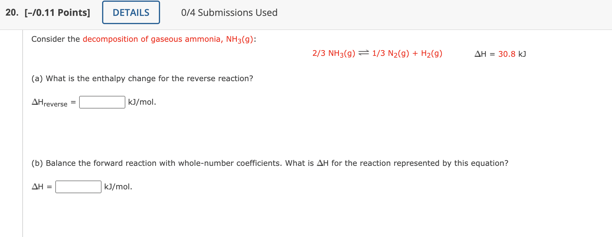 Solved Consider the decomposition of gaseous ammonia, NH3( | Chegg.com