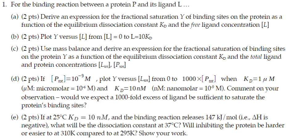 Solved 1. For the binding reaction between a protein P and | Chegg.com