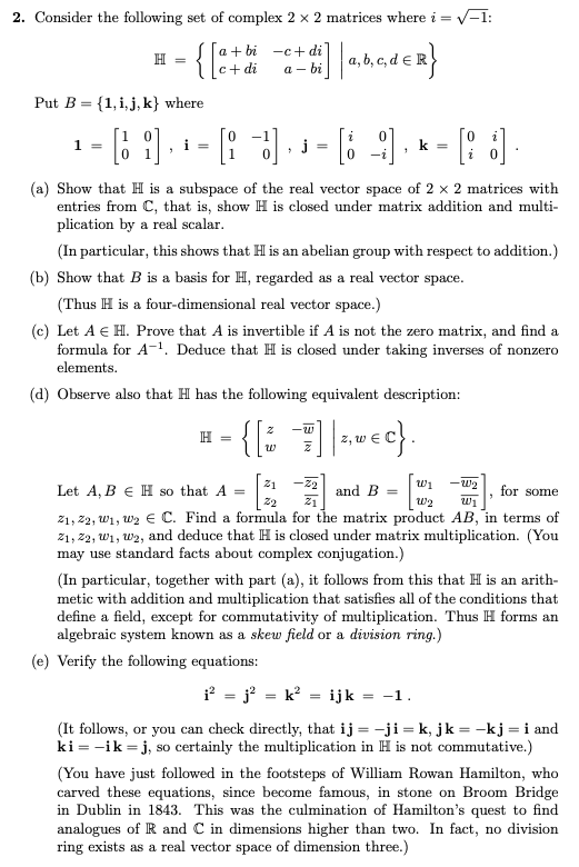 Solved 2. Consider the following set of complex 2 x 2 | Chegg.com