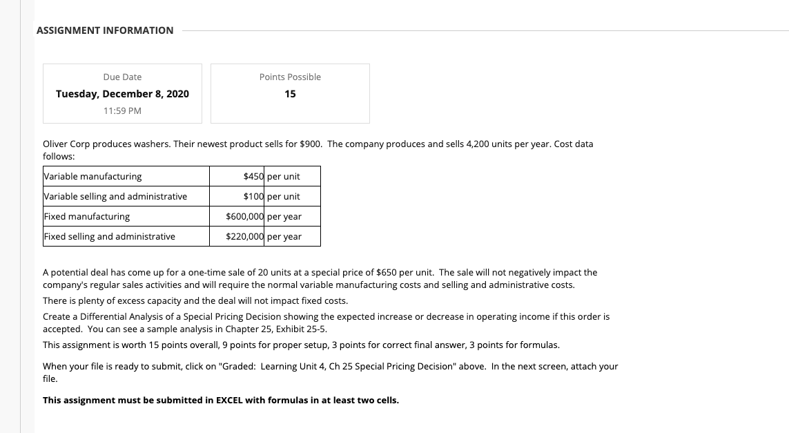 Solved ASSIGNMENT INFORMATION Points Possible Due Date | Chegg.com