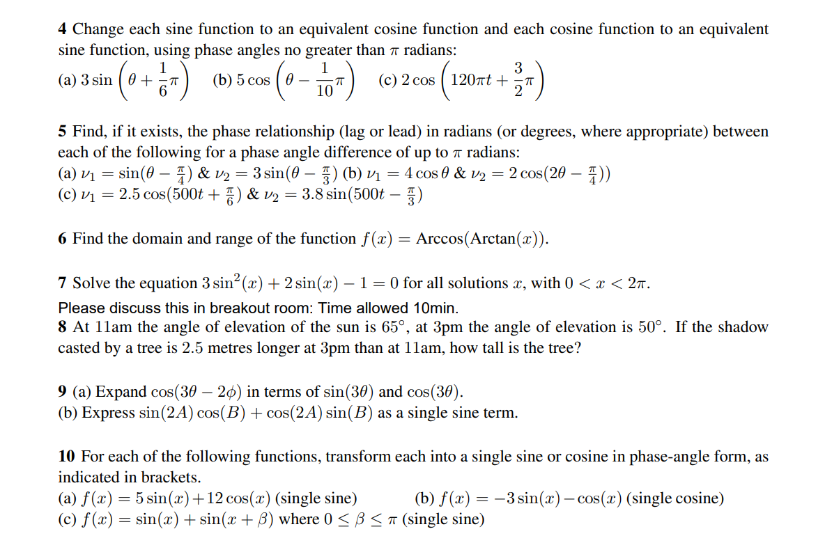 Solved 4 Change each sine function to an equivalent cosine | Chegg.com