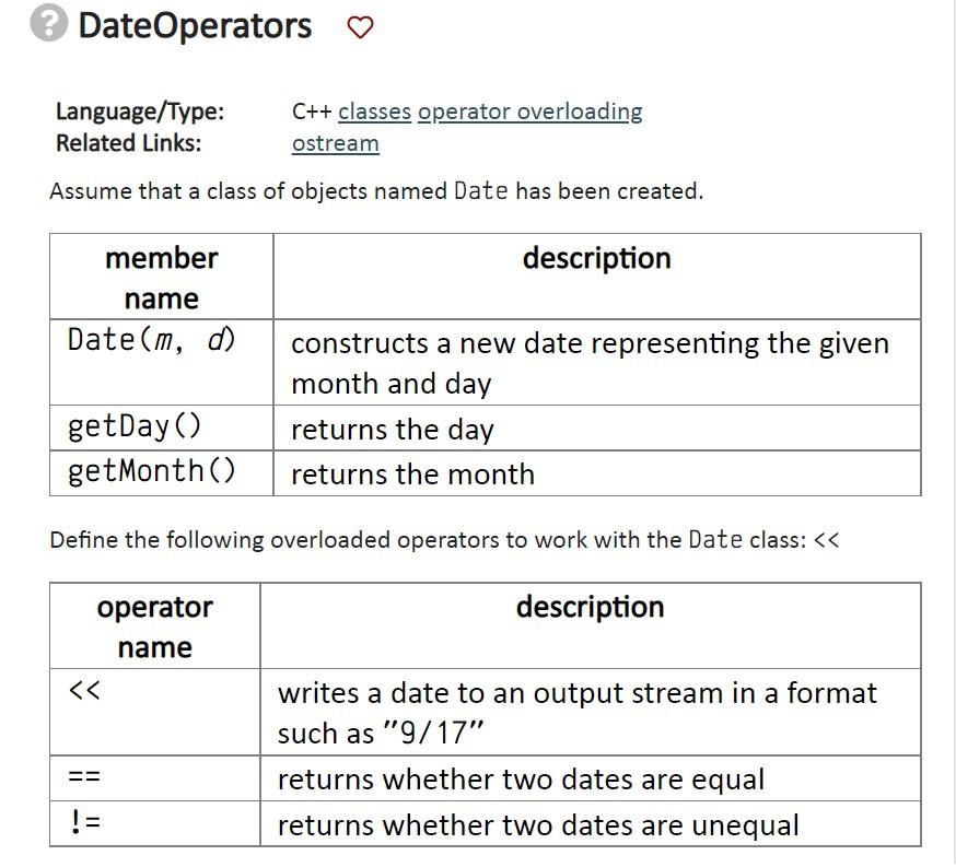 Solved DateOperators 0 Language/Type: C++ classes oferator | Chegg.com