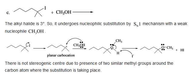 c.
The alkyl halide is \( 3^{\circ} \). So, it undergoes nucleophilic substitution by \( \mathrm{S}_{\mathrm{N}} 1 \) mechani