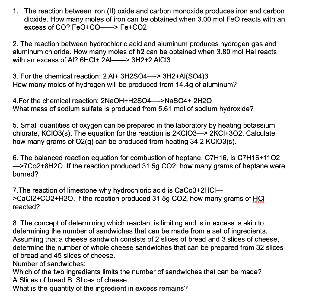 Solved 1. The reaction between iron (II) oxide and carbon