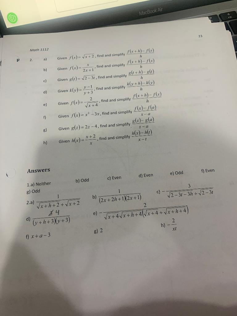 Solved Math 1112 2. a) Given f(x)u003dx+2